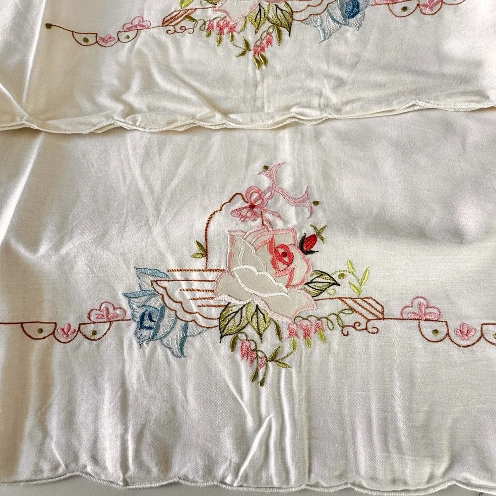 Vintage Hand Embroidered Pillowcases Set Katen & Sayers‎ Hong Kong Floral NWT